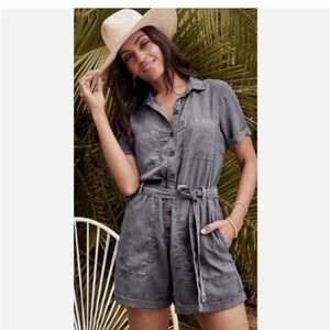 Cloth & Stone Ash Gray Button-Up Rolled Hem Utility Romper